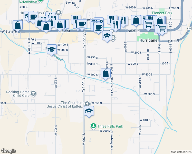 map of restaurants, bars, coffee shops, grocery stores, and more near 577 West 400 South in Hurricane