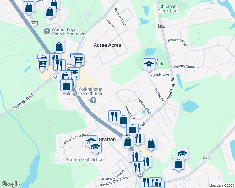 map of restaurants, bars, coffee shops, grocery stores, and more near 420 Dorothy Drive in Yorktown