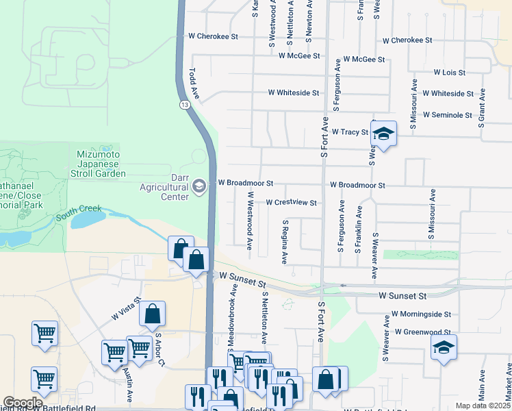 map of restaurants, bars, coffee shops, grocery stores, and more near 2454 South Westwood Avenue in Springfield