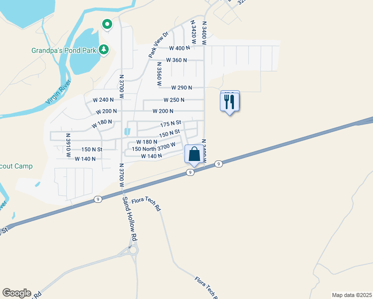 map of restaurants, bars, coffee shops, grocery stores, and more near 91 North 3450 West in Hurricane