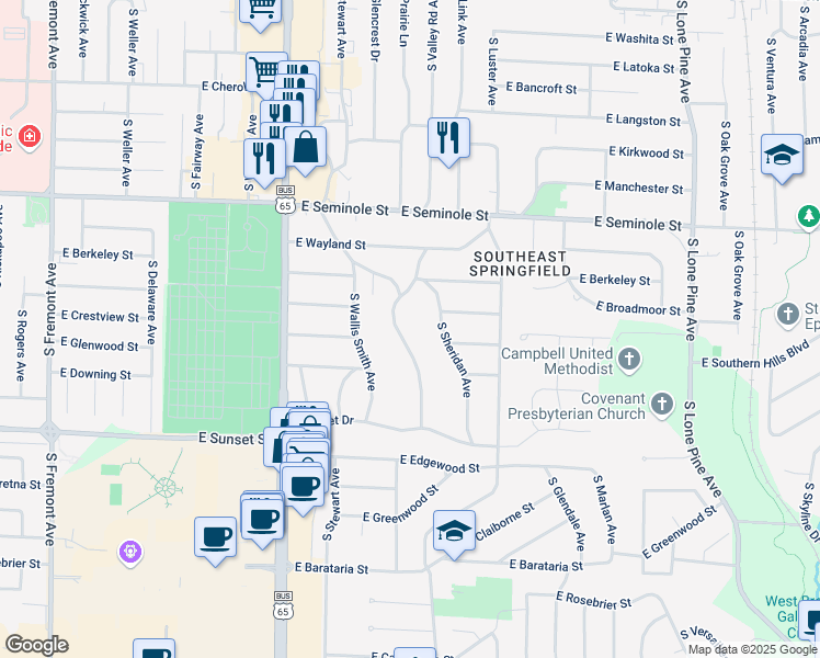 map of restaurants, bars, coffee shops, grocery stores, and more near 2424 South Brentwood Boulevard in Springfield