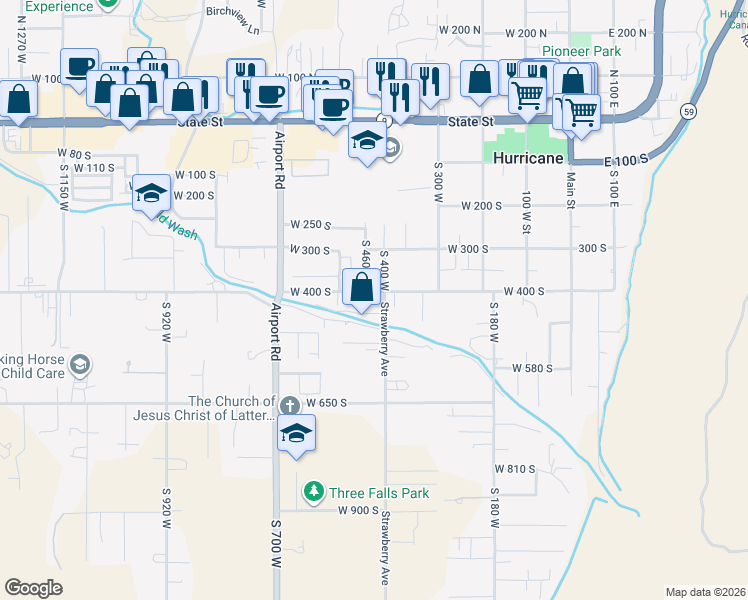 map of restaurants, bars, coffee shops, grocery stores, and more near 437 West 400 South in Hurricane
