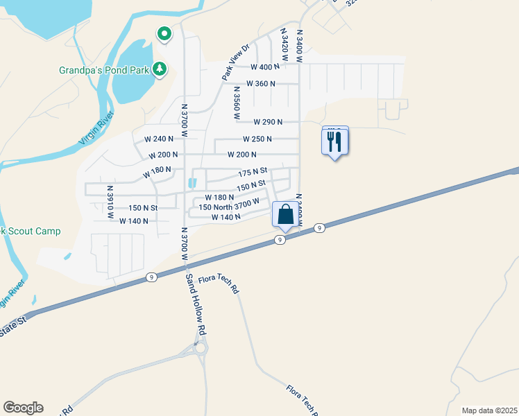 map of restaurants, bars, coffee shops, grocery stores, and more near 150 North 3700 West in Hurricane
