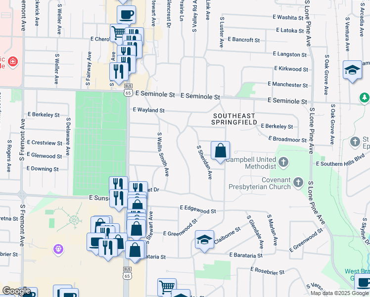 map of restaurants, bars, coffee shops, grocery stores, and more near 2424-2438 South Brentwood Boulevard in Springfield