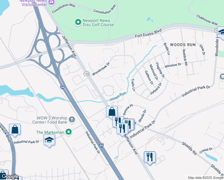 map of restaurants, bars, coffee shops, grocery stores, and more near 115 Whitewater Drive in Newport News