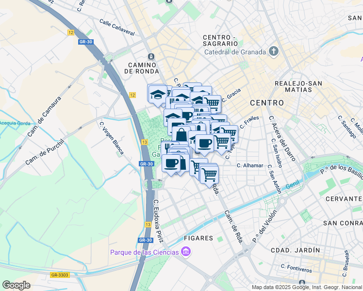 map of restaurants, bars, coffee shops, grocery stores, and more near 5 Calle Virgen Blanca in Granada
