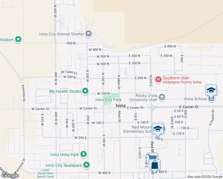map of restaurants, bars, coffee shops, grocery stores, and more near North 50 West in Ivins