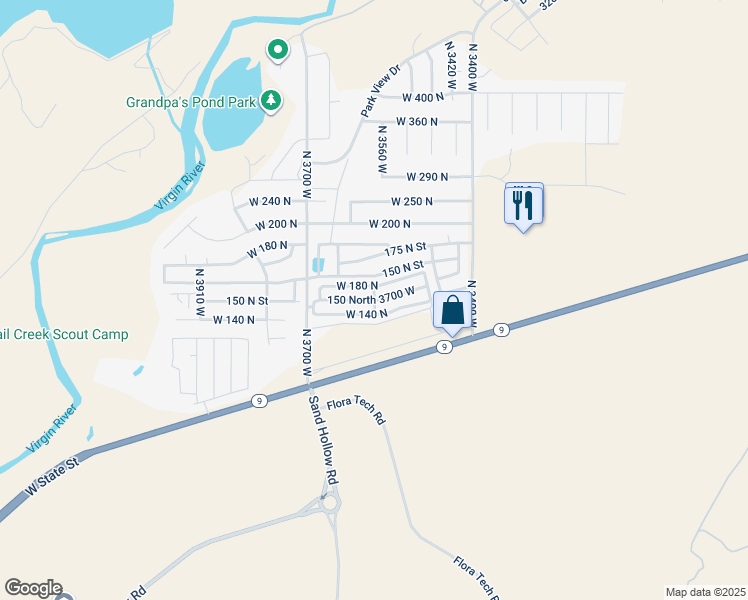 map of restaurants, bars, coffee shops, grocery stores, and more near 150 North 3700 West in Hurricane