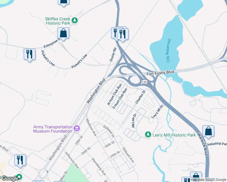 map of restaurants, bars, coffee shops, grocery stores, and more near 199 North Hunt Club Run in Newport News