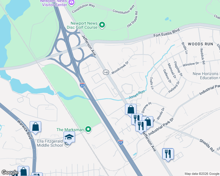 map of restaurants, bars, coffee shops, grocery stores, and more near 822 Skelton Way in Newport News