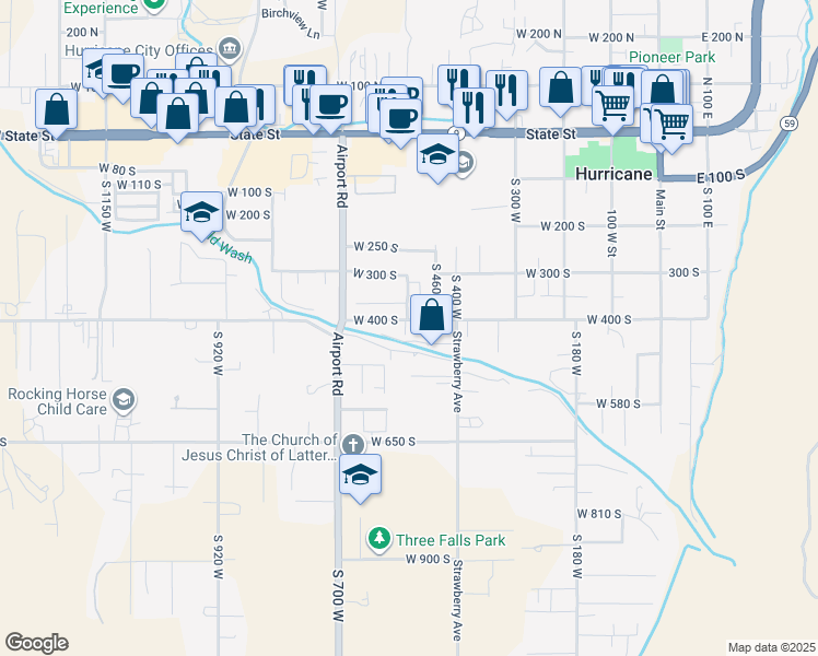 map of restaurants, bars, coffee shops, grocery stores, and more near 529 West 400 South in Hurricane