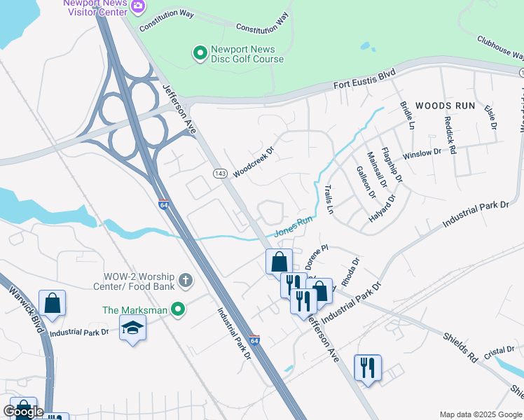 map of restaurants, bars, coffee shops, grocery stores, and more near 206 Whitewater Drive in Newport News