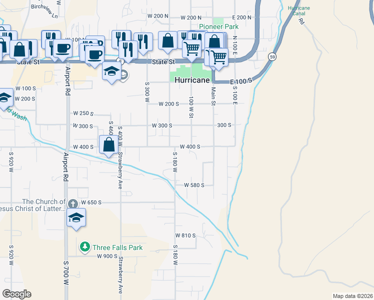 map of restaurants, bars, coffee shops, grocery stores, and more near 113 West 400 South in Hurricane