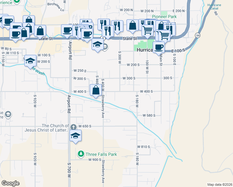 map of restaurants, bars, coffee shops, grocery stores, and more near 287 West 400 South in Hurricane