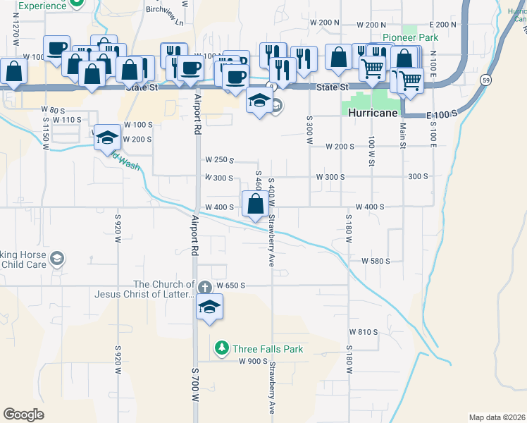 map of restaurants, bars, coffee shops, grocery stores, and more near 437 West 400 South in Hurricane