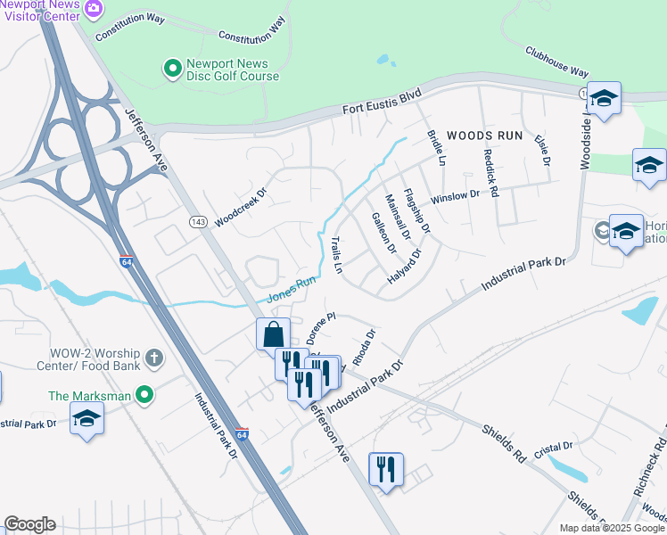 map of restaurants, bars, coffee shops, grocery stores, and more near 705 Trails Lane in Newport News