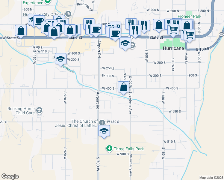 map of restaurants, bars, coffee shops, grocery stores, and more near 577 West 400 South in Hurricane