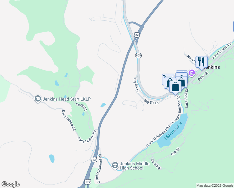 map of restaurants, bars, coffee shops, grocery stores, and more near U.S. 23 in Jenkins