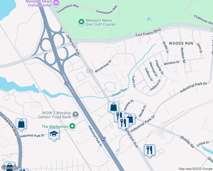 map of restaurants, bars, coffee shops, grocery stores, and more near 208 Whitewater Drive in Newport News