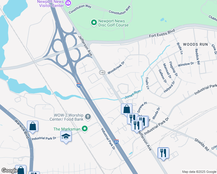 map of restaurants, bars, coffee shops, grocery stores, and more near 825 Skelton Way in Newport News