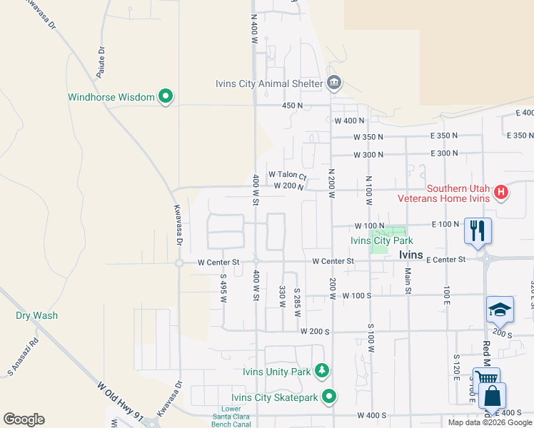 map of restaurants, bars, coffee shops, grocery stores, and more near 143 North Cortez Trail in Ivins