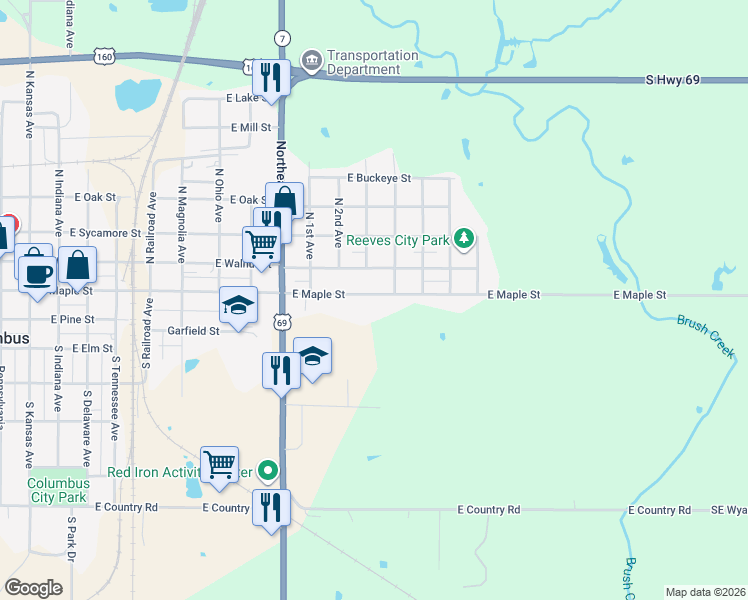 map of restaurants, bars, coffee shops, grocery stores, and more near 1200 East Maple Street in Columbus