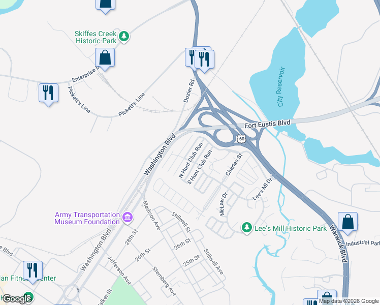 map of restaurants, bars, coffee shops, grocery stores, and more near 199 North Hunt Club Run in Newport News