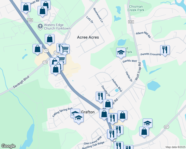 map of restaurants, bars, coffee shops, grocery stores, and more near 530 Holmes Boulevard in Yorktown