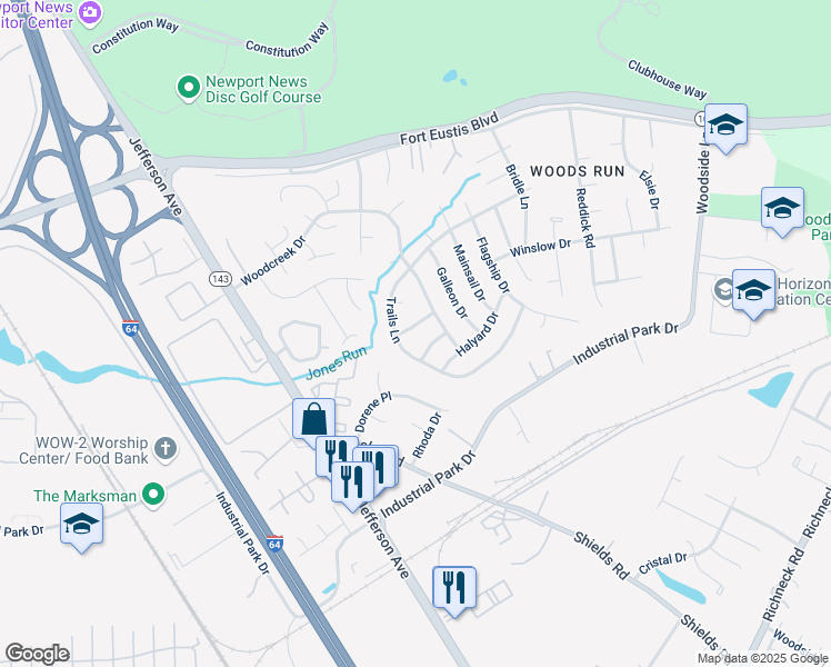 map of restaurants, bars, coffee shops, grocery stores, and more near 694 Trails Lane in Newport News