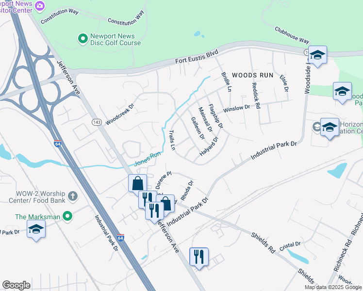 map of restaurants, bars, coffee shops, grocery stores, and more near 694 Trails Lane in Newport News