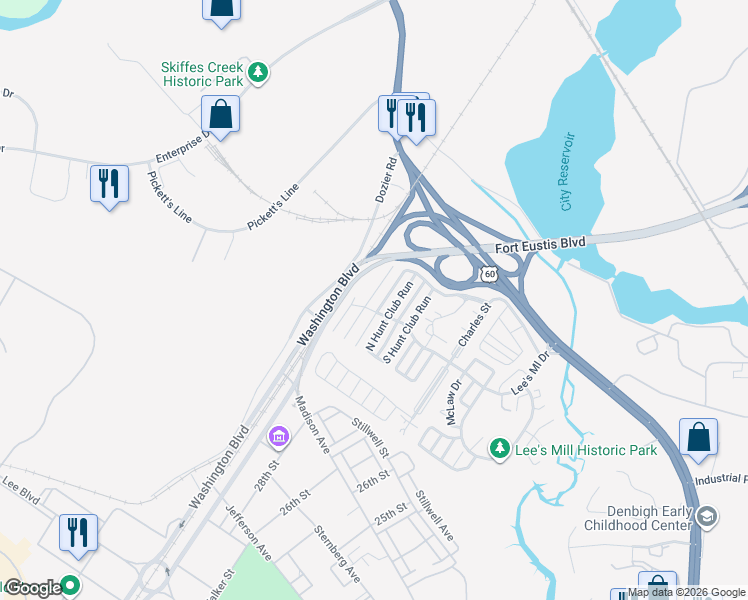 map of restaurants, bars, coffee shops, grocery stores, and more near 199 North Hunt Club Run in Newport News