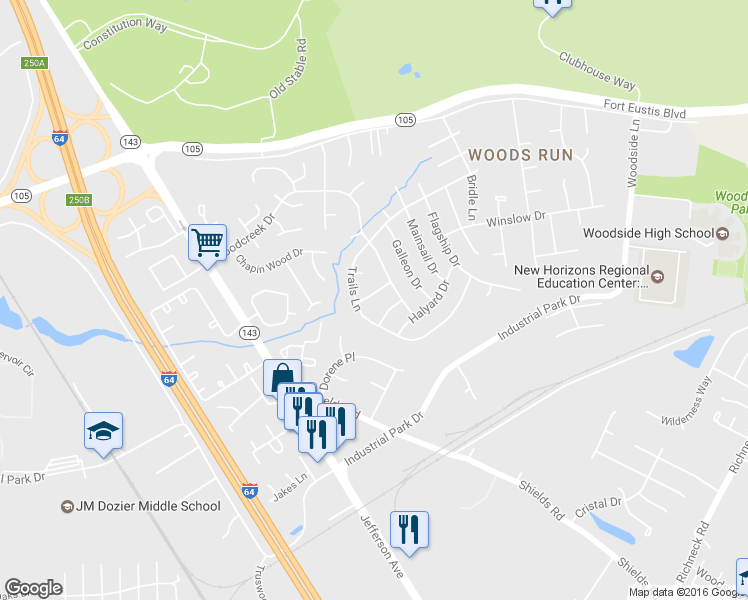 map of restaurants, bars, coffee shops, grocery stores, and more near 712 Frigate Drive in Newport News