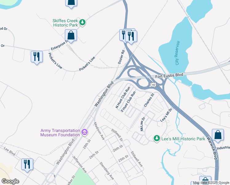 map of restaurants, bars, coffee shops, grocery stores, and more near 203 Old Bridge Court in Newport News