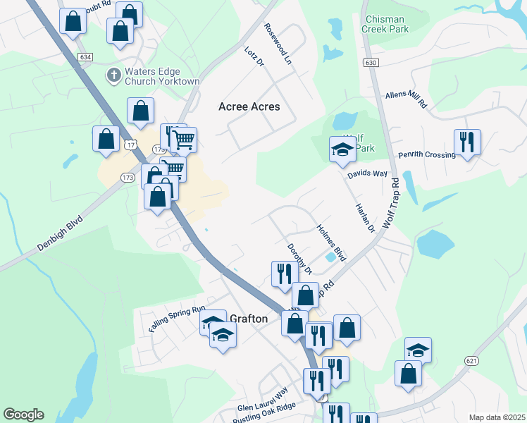 map of restaurants, bars, coffee shops, grocery stores, and more near 530 Holmes Boulevard in Yorktown