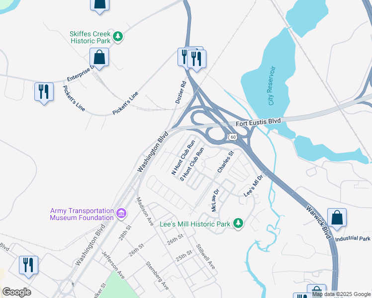 map of restaurants, bars, coffee shops, grocery stores, and more near 207 North Hunt Club Run in Newport News