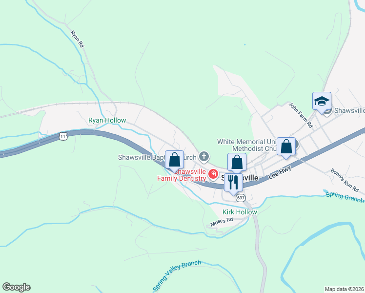 map of restaurants, bars, coffee shops, grocery stores, and more near 3829 Oldtown Road in Shawsville