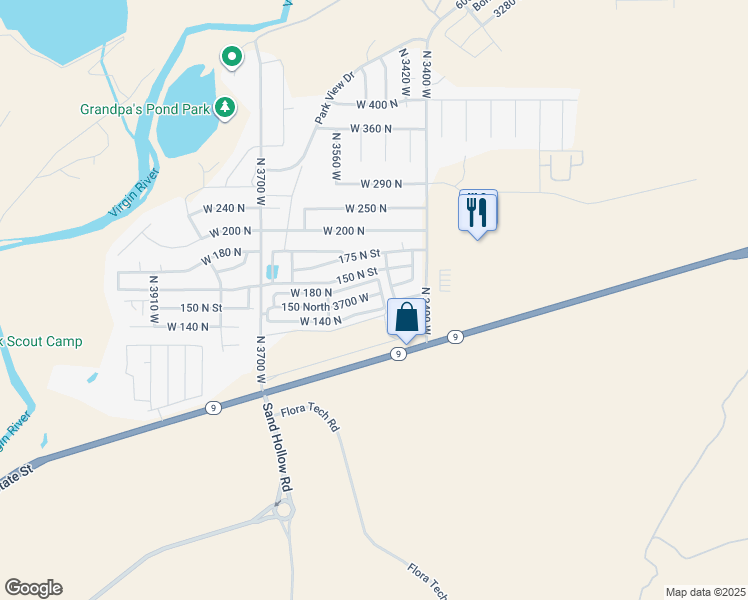 map of restaurants, bars, coffee shops, grocery stores, and more near 150 North 3700 West in Hurricane