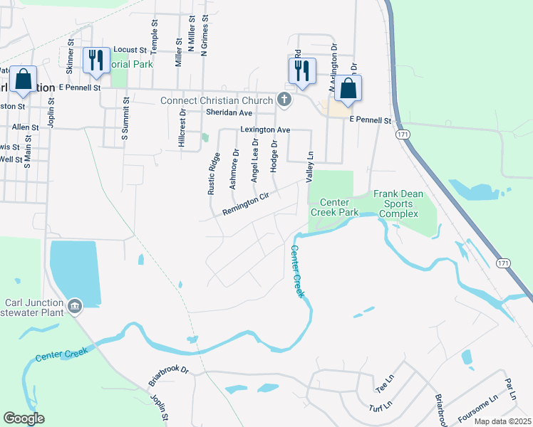 map of restaurants, bars, coffee shops, grocery stores, and more near Summerlyn Lane in Carl Junction