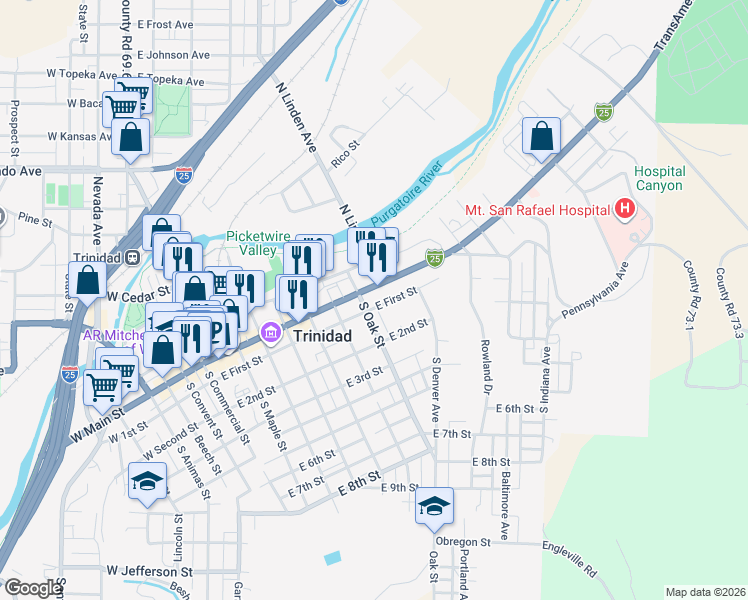 map of restaurants, bars, coffee shops, grocery stores, and more near 616 East First Street in Trinidad