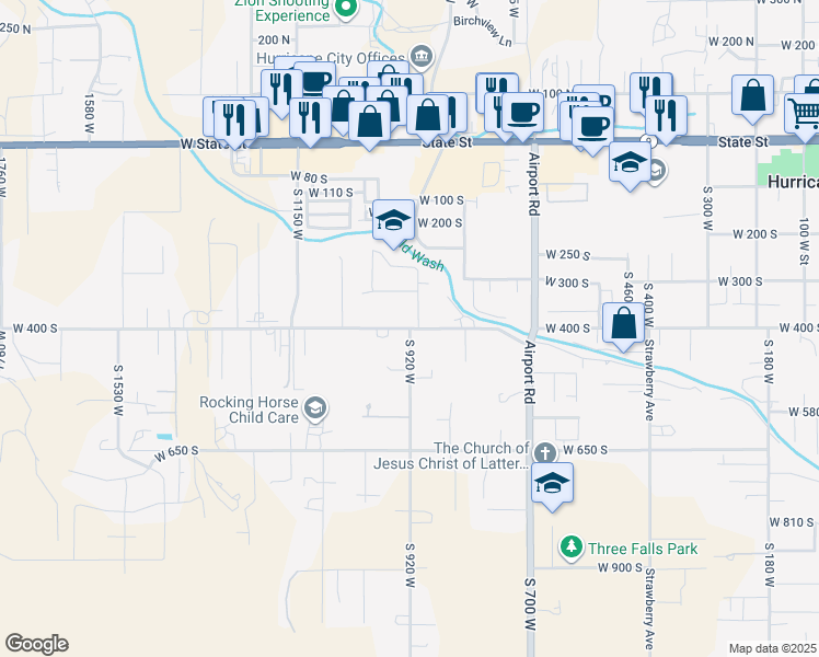 map of restaurants, bars, coffee shops, grocery stores, and more near West 400 South in Hurricane