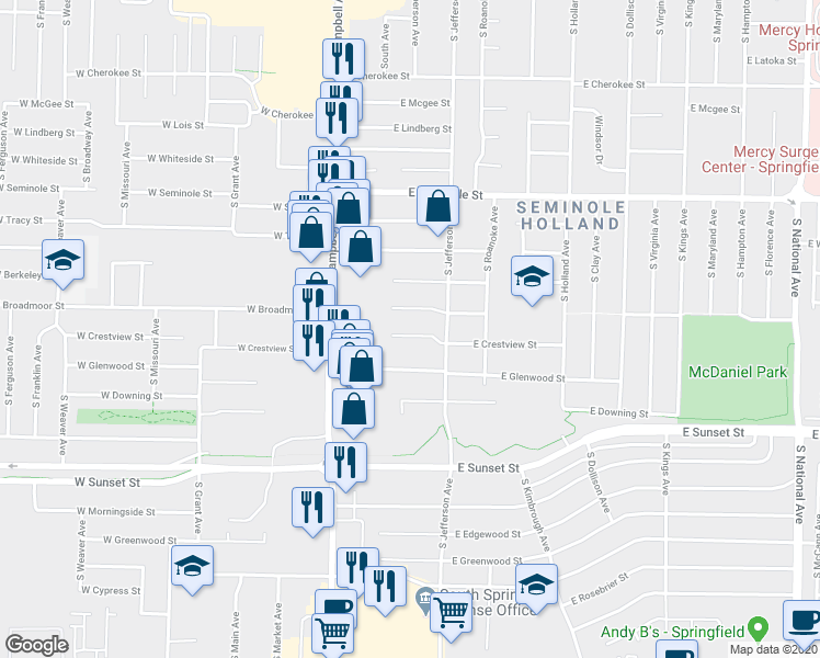map of restaurants, bars, coffee shops, grocery stores, and more near 223 East Crestview Street in Springfield