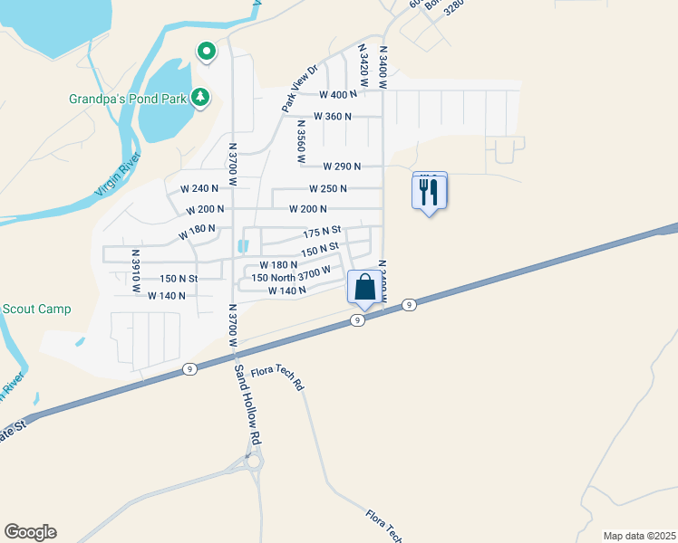 map of restaurants, bars, coffee shops, grocery stores, and more near 150 North 3700 West in Hurricane