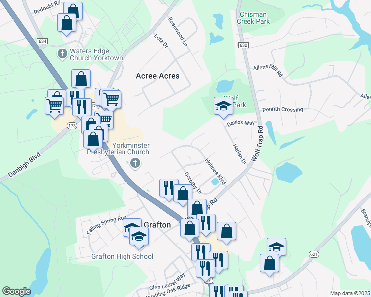 map of restaurants, bars, coffee shops, grocery stores, and more near 503 Holmes Boulevard in Yorktown
