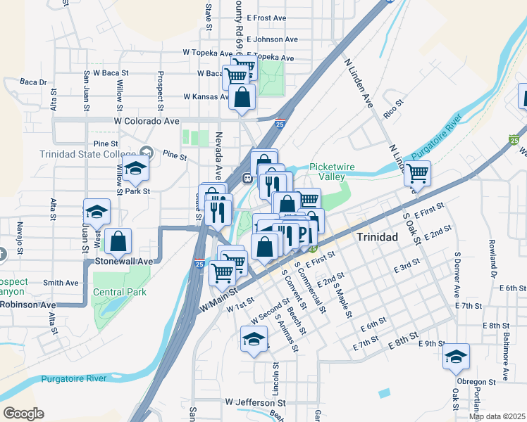 map of restaurants, bars, coffee shops, grocery stores, and more near Purgatoire Drive in Trinidad