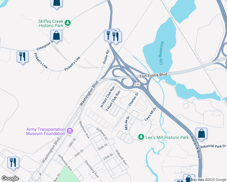 map of restaurants, bars, coffee shops, grocery stores, and more near 204 South Hunt Club Run in Newport News