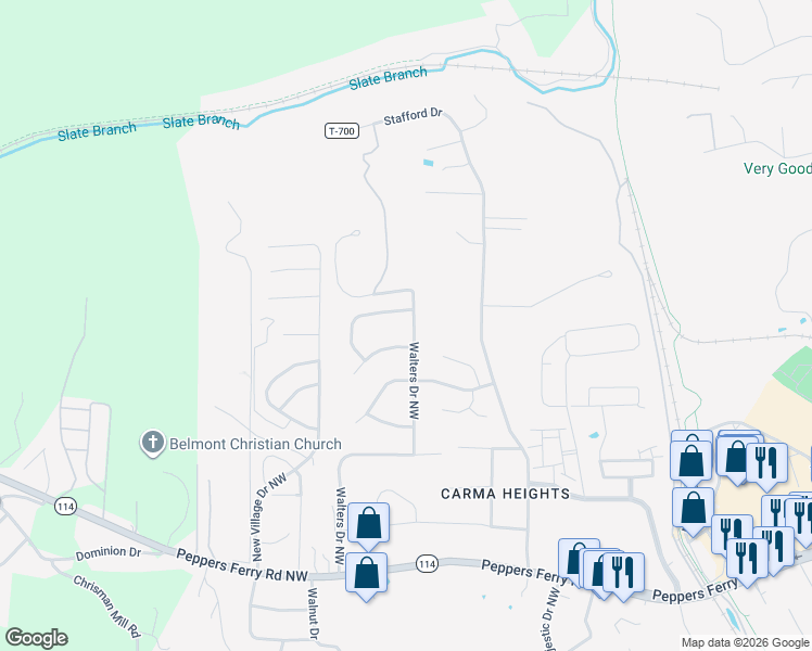 map of restaurants, bars, coffee shops, grocery stores, and more near 685 Walters Drive Northwest in Christiansburg