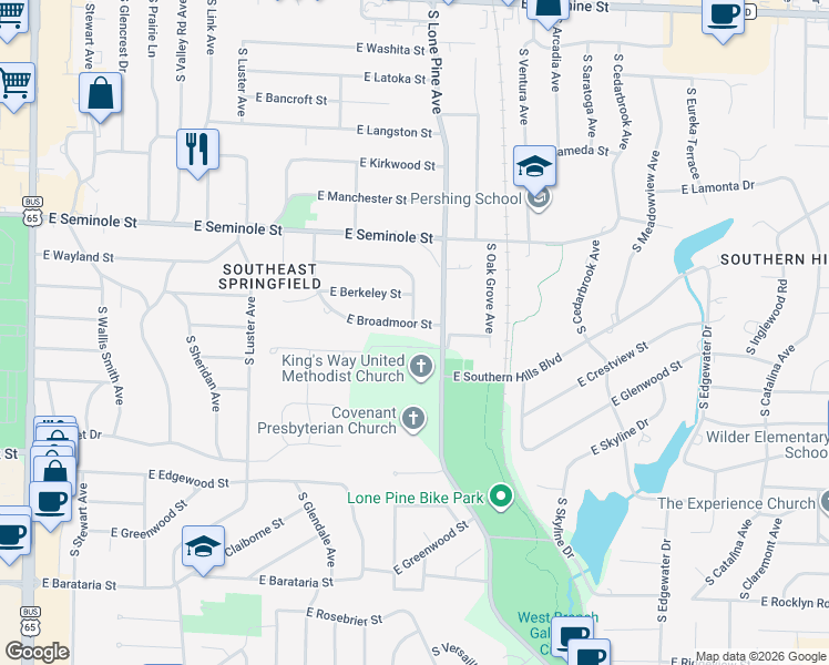map of restaurants, bars, coffee shops, grocery stores, and more near 2414-2498 East Fritts Lane in Springfield