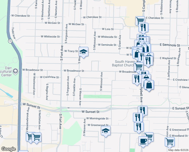 map of restaurants, bars, coffee shops, grocery stores, and more near 836 West Crestview Street in Springfield