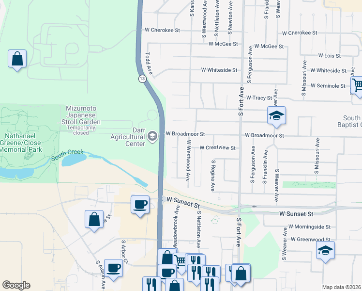 map of restaurants, bars, coffee shops, grocery stores, and more near 2457 South Meadowbrook Avenue in Springfield