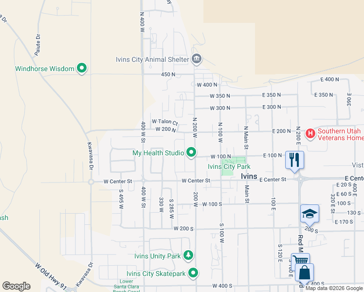 map of restaurants, bars, coffee shops, grocery stores, and more near 143 Apex Lane in Ivins